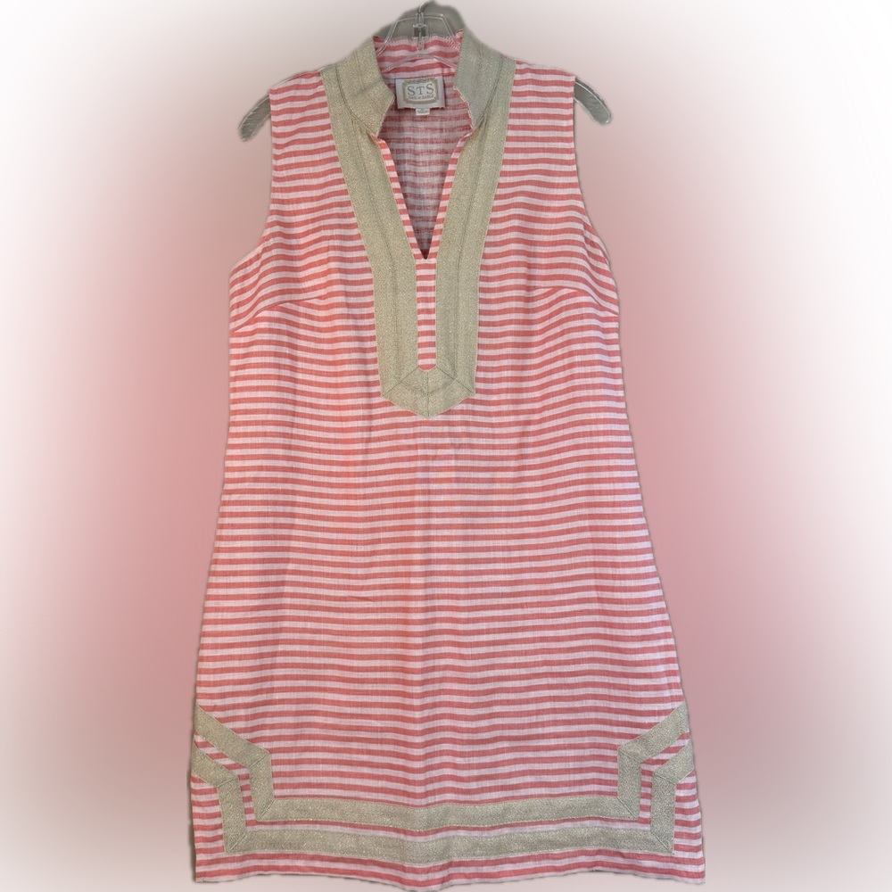 Sail to Sable Linen Shift Dress Pink stripe Gold Preppy Southern Summer Medium